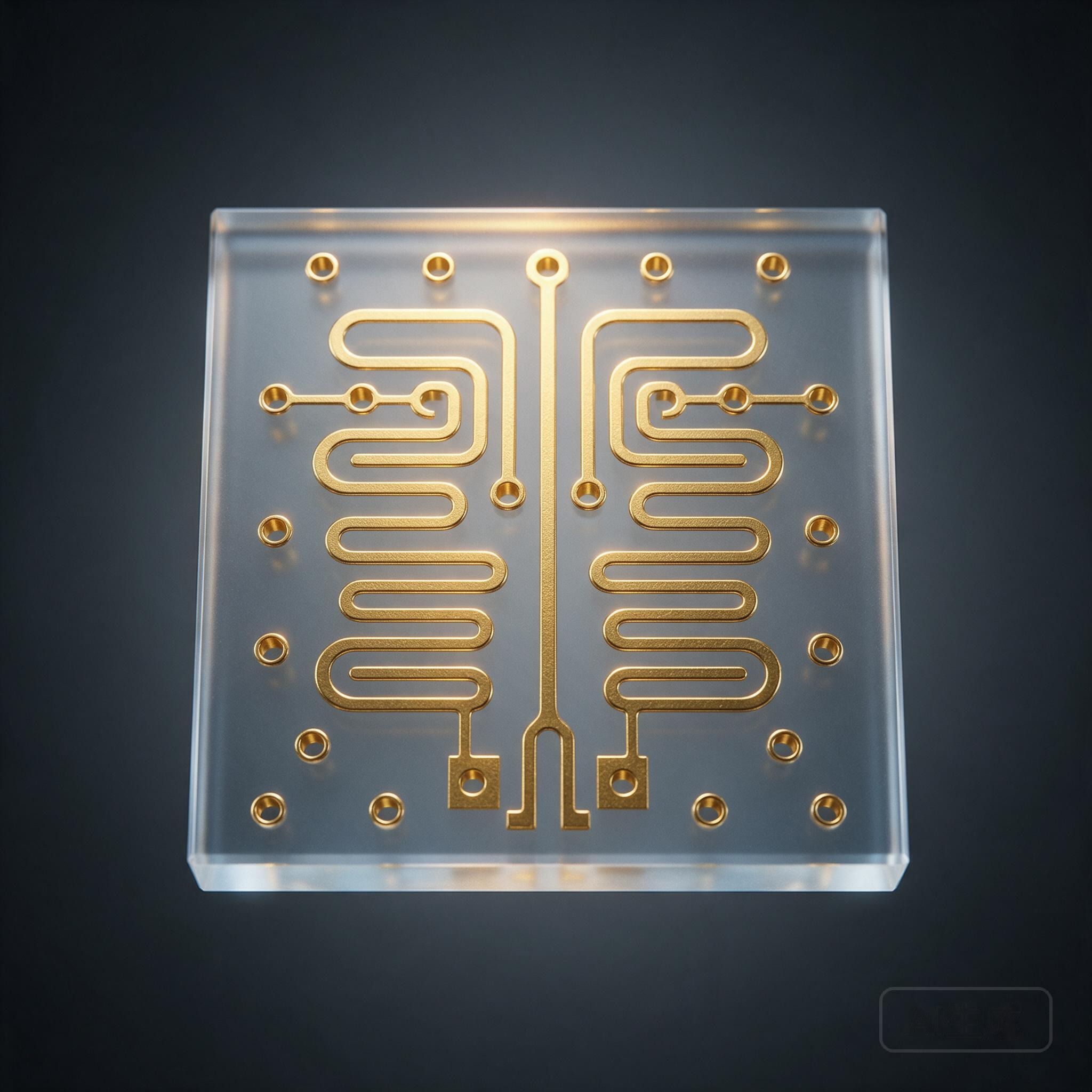 Thin-film microstrip RF bandpass filter bare die with meandering gold coupled resonators on a quartz substrate