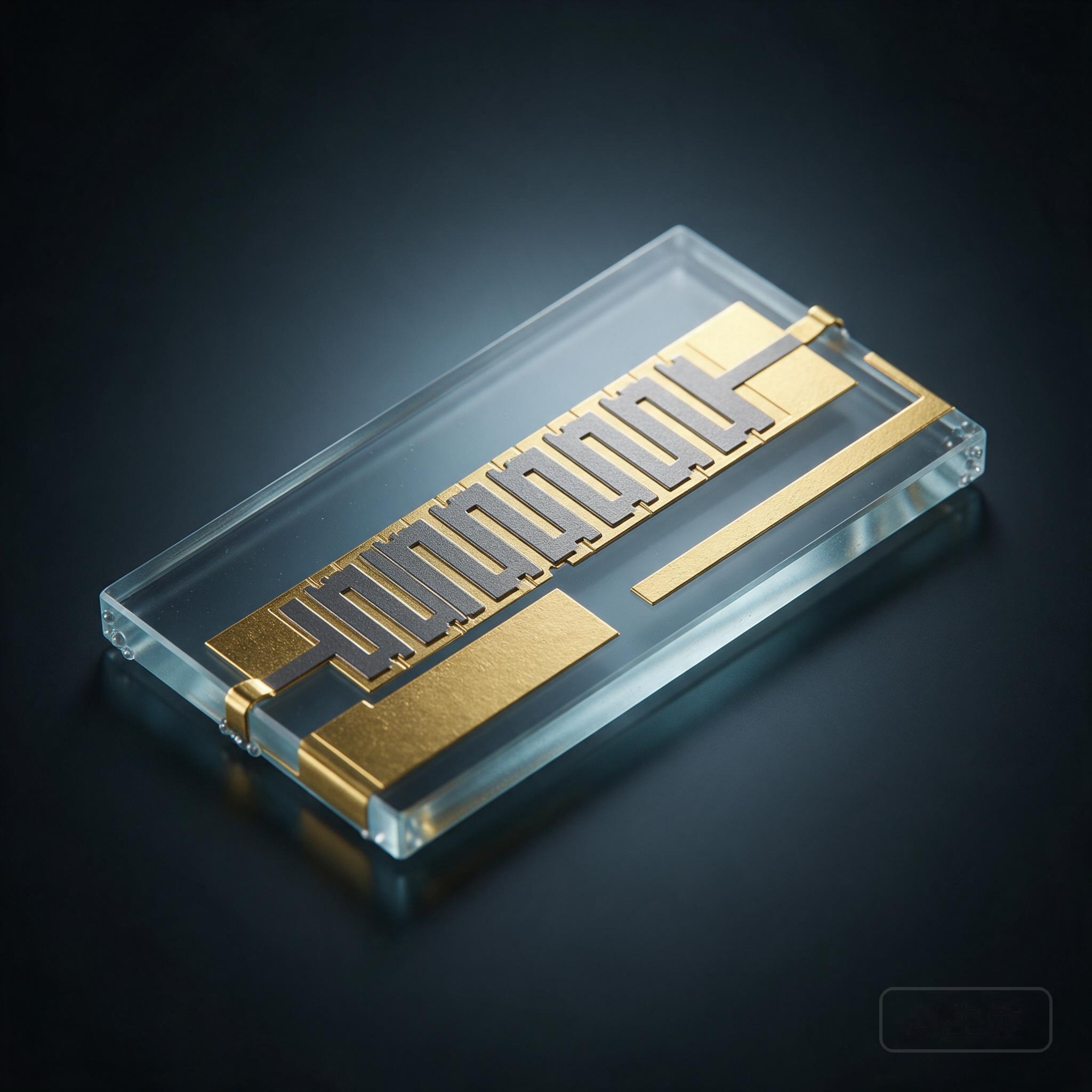 Thin-film RF resistor with serpentine resistive elements and gold contact pads on a glass substrate