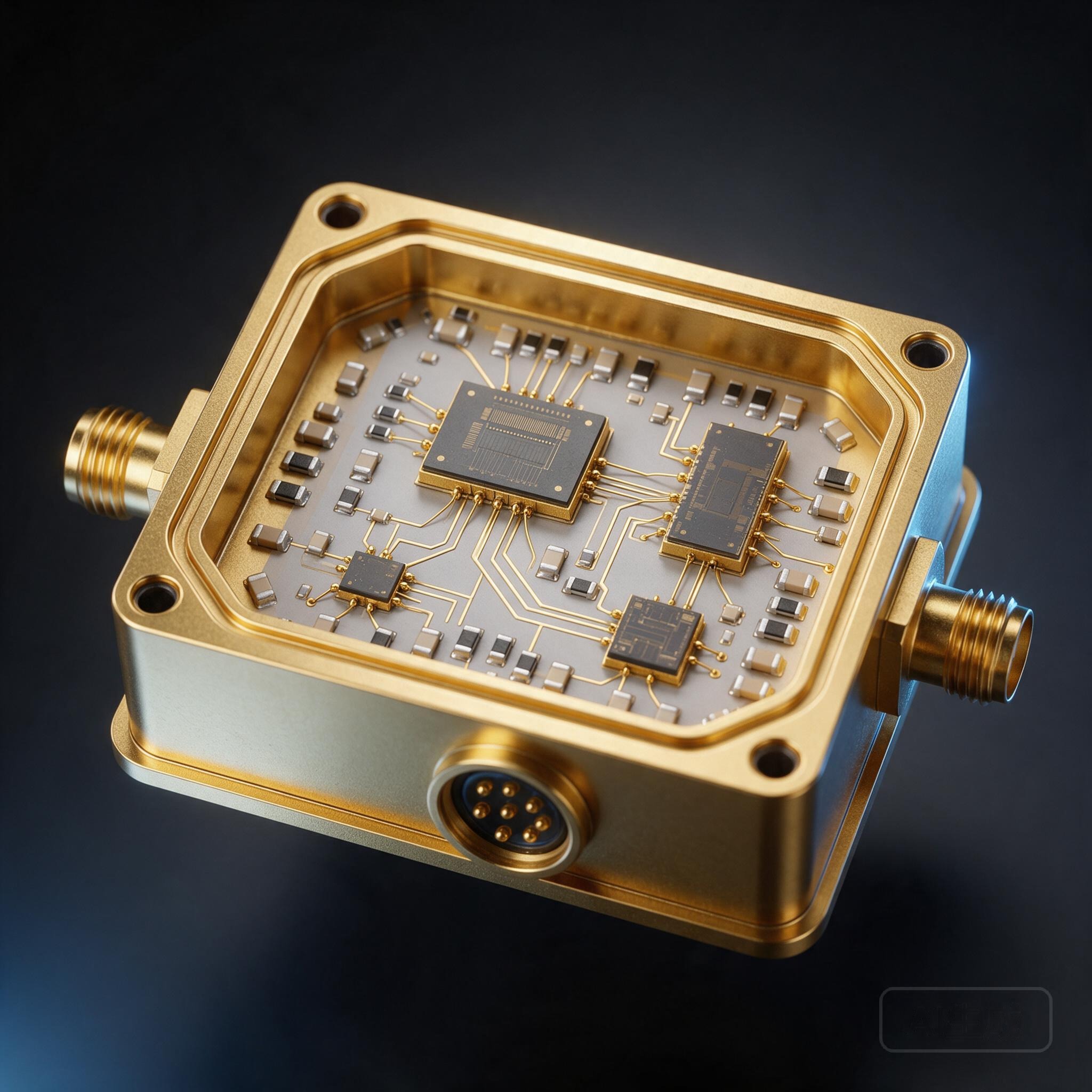 Open hermetic T/R module package with wire-bonded PA, LNA, phase shifter and RF switch MMICs on a gold-plated carrier